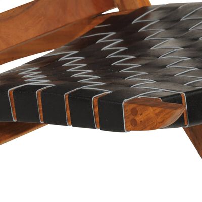 vidaXL Zložljiv stol za sproščanje črno pravo usnje