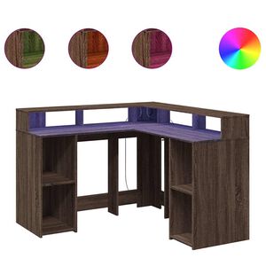 vidaXL Pisalna miza z LED lučkami rjavi hrast 130x130x91 cm inž. les