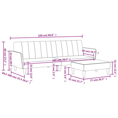 vidaXL Kavč dvosed z ležiščem in stolčkom za noge moder žamet