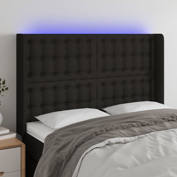 vidaXL LED posteljno vzglavje črno 147x16x118/128 cm blago