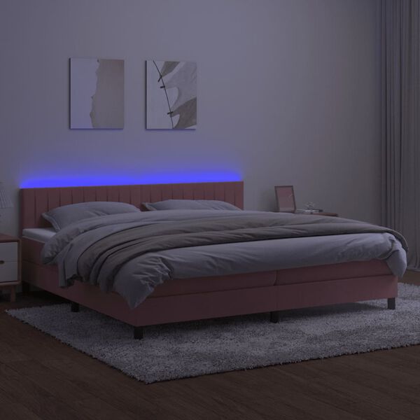 vidaXL Box spring postelja z vzmetnico LED roza 200x200 cm žamet
