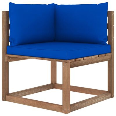 vidaXL Vrtni kotni kavč iz palet z modrimi blazinami