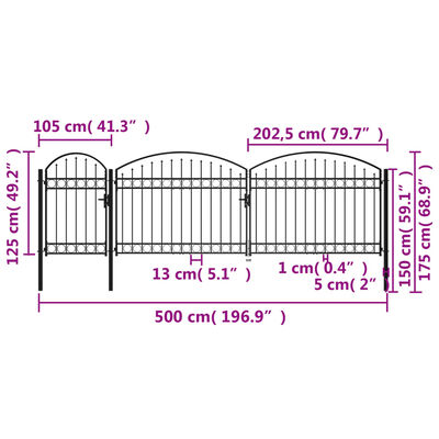 vidaXL Vrtna ograjna vrata zaobljena jeklo 1,75x5 m črna