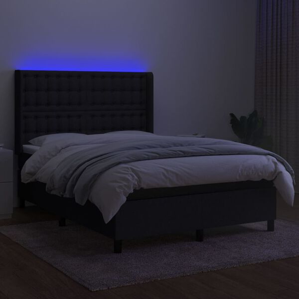 vidaXL Box spring postelja z vzmetnico LED črna 140x190 cm blago
