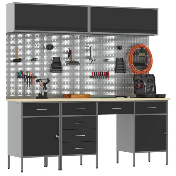 vidaXL Set delovnih omar s predalom s shranjevanjem 10 pcs Črna