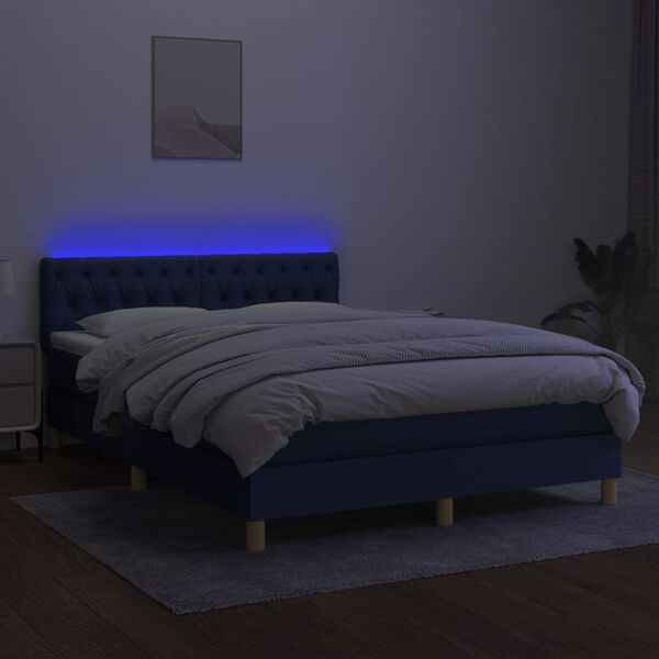 vidaXL Box spring postelja z vzmetnico LED modra 140x200 cm blago