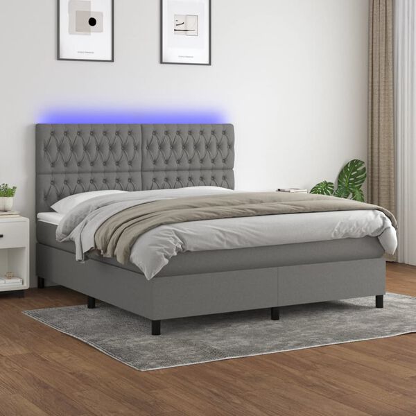 vidaXL Box spring postelja z vzmetnico LED temno siva 160x200 cm blago
