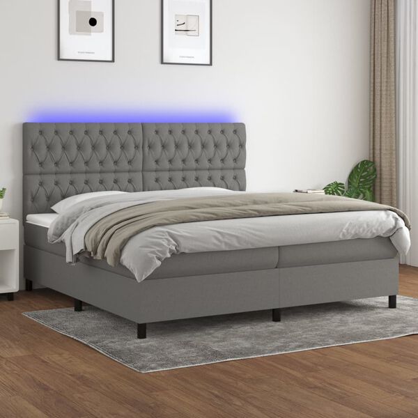 vidaXL Box spring postelja z vzmetnico LED temno siva 200x200 cm blago