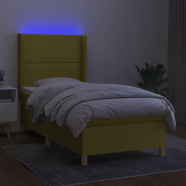 vidaXL Box spring postelja z vzmetnico LED zelena 90x190 cm blago