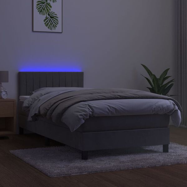 vidaXL Box spring postelja z vzmetnico LED svetlo siva 90x190cm žamet