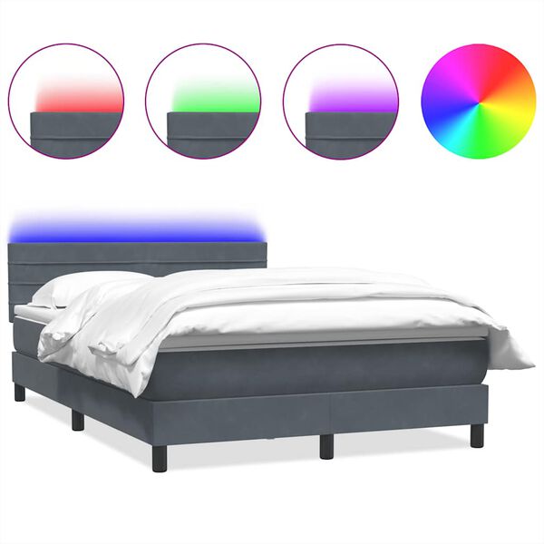 vidaXL Box spring postelja z vzmetnico LED temno siva 140x210 cm žamet