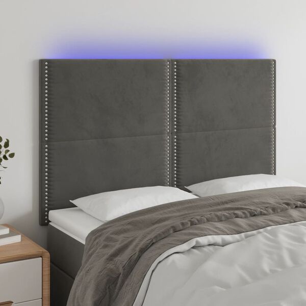 vidaXL LED posteljno vzglavje temno sivo 144x5x118/128 cm žamet