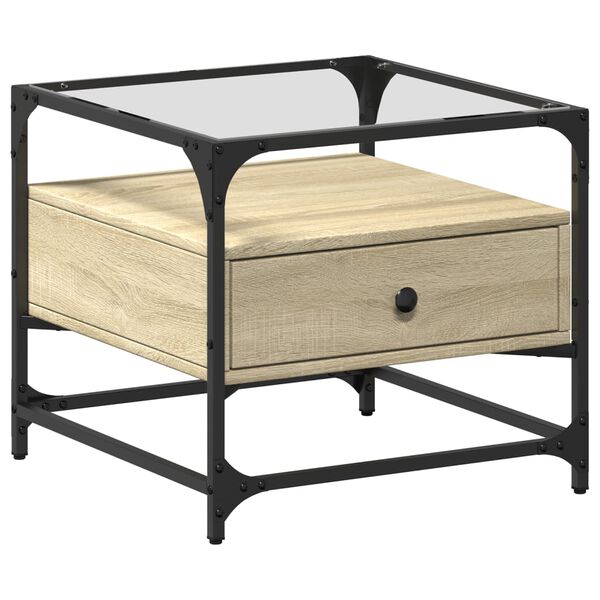 vidaXL Klubska mizica s steklom sonoma hrast 50x50x45 cm jeklo