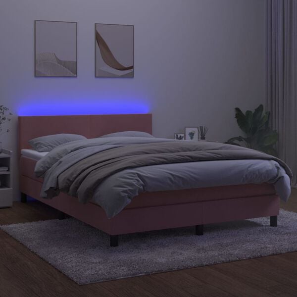 vidaXL Box spring postelja z vzmetnico LED roza 140x190 cm žamet
