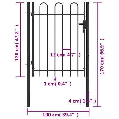 vidaXL Enojna vrata za ograjo zaobljena jeklo 1x1,2 m črna
