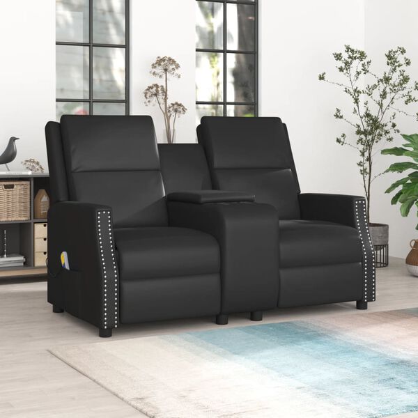 vidaXL Masažni dvosed z držali za skodelico črn iz umetnega usnja