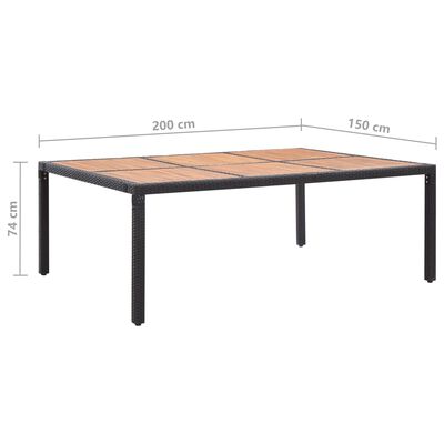 vidaXL Vrtna miza črna 200x150x74 cm poli ratan in akacijev les