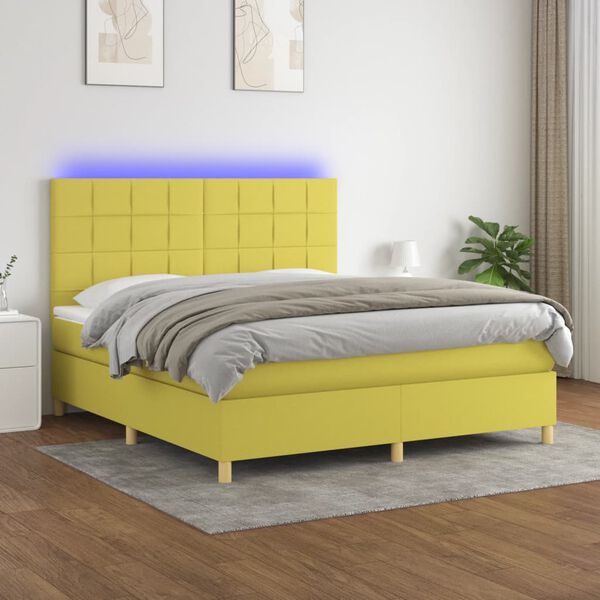 vidaXL Box spring postelja z vzmetnico LED zelena 160x200 cm blago