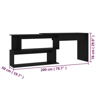vidaXL Kotna pisalna miza črna 200x50x76 cm iverna plošča