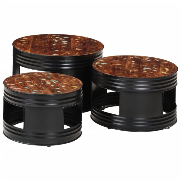 vidaXL Barska mizica oblika bobna 3 kosi predelan trden les