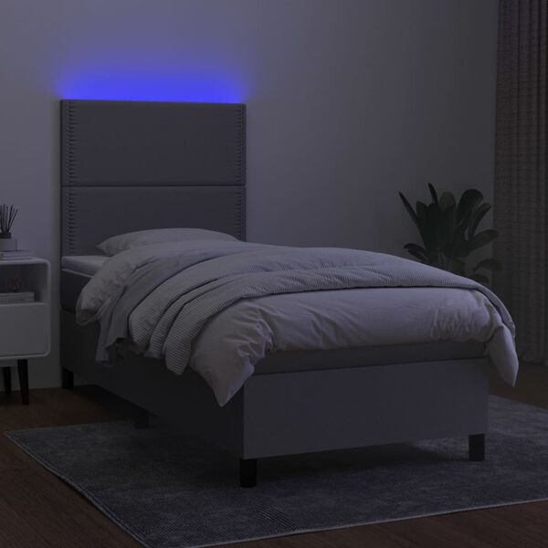 vidaXL Box spring postelja z vzmetnico LED svetlo siva 90x200 cm blago