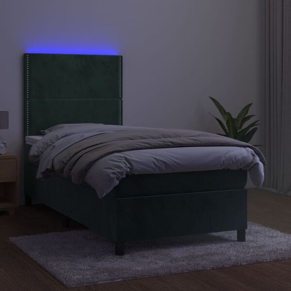vidaXL Box spring postelja z vzmetnico LED tem. zelena 90x200 cm žamet