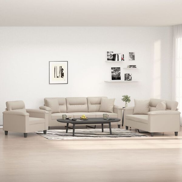 vidaXL Sedežna garnitura 3-delna z blazinami krem blago iz mikrovlaken