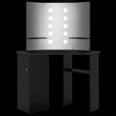 vidaXL Kotna mizica za ličenje z LED lučkami črna 111x54x141,5 cm
