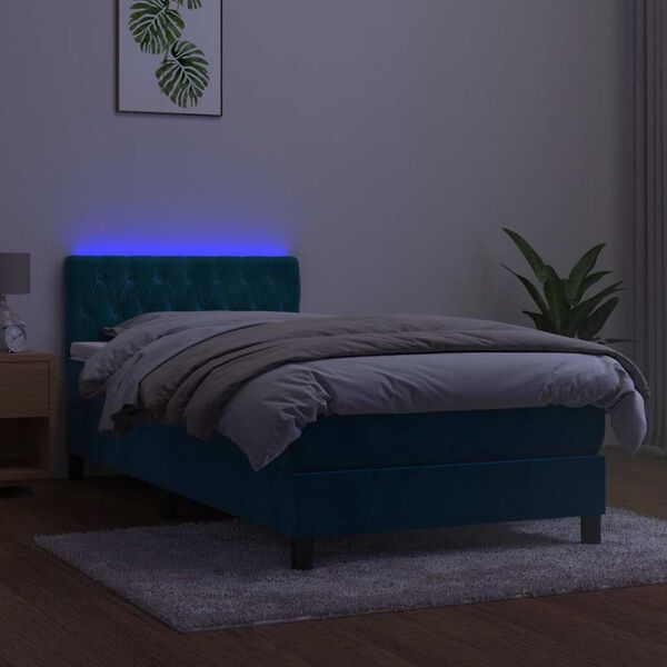 vidaXL Box spring postelja z vzmetnico LED temno modra 90x190 cm žamet
