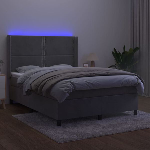 vidaXL Box spring postelja z vzmetnico LED sv. siva 140x190 cm žamet