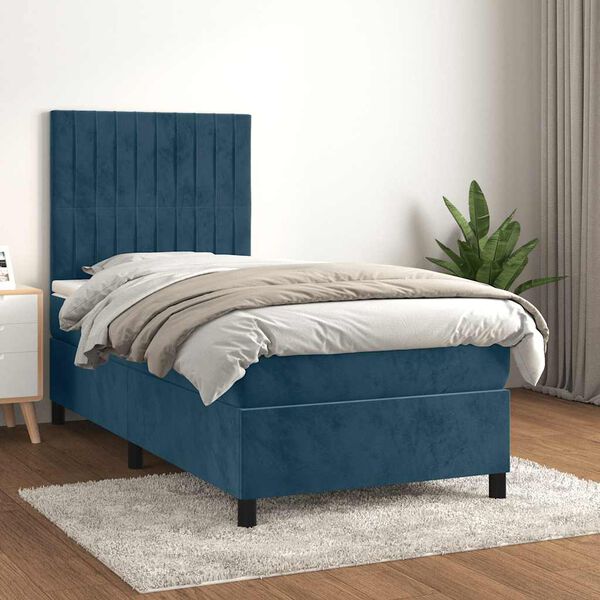 vidaXL Box spring postelja z vzmetnico temno moder 90x190 cm žamet