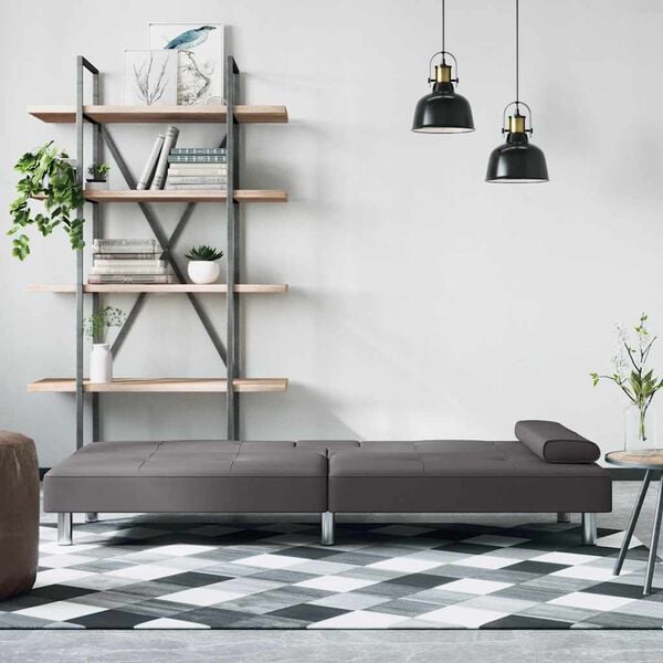 vidaXL Raztegljiv kavč z držali za skodelice sivo umetno usnje