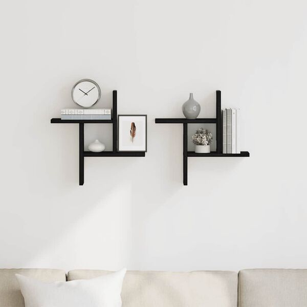 vidaXL Stenska polica 2 kosa črna hrast 38x12x38 cm inženirski les