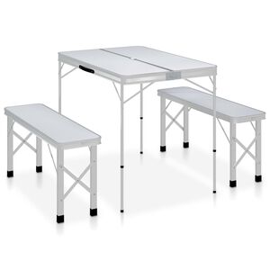vidaXL Zložljiva kamping miza z 2 klopema aluminij bele barve