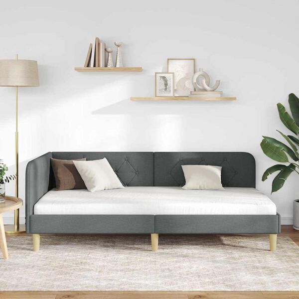 vidaXL Kotna postelja z vzglavjem Temno siva 90 x 190 cm blago