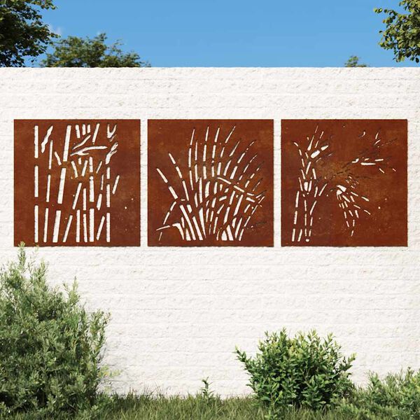 vidaXL Vrtne stenske dekoracije 3 kosi 55x55 cm corten jeklo trava