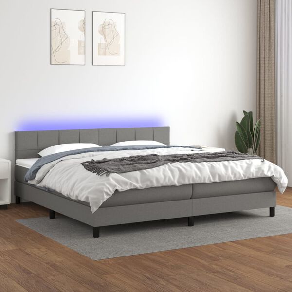 vidaXL Box spring postelja z vzmetnico LED temno siva 200x200 cm blago