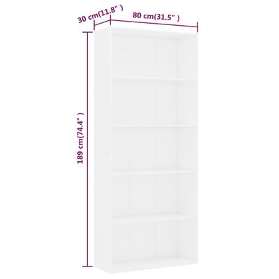 vidaXL Knjižna omara 5-nadstropna bela 80x30x189 cm iverna plošča