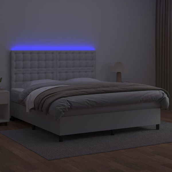 vidaXL Box spring postelja z vzmetnico LED bela 160x200cm umetno usnje