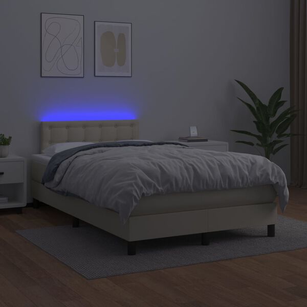 vidaXL Box spring postelja z vzmetnico LED krem 120x200cm umetno usnje
