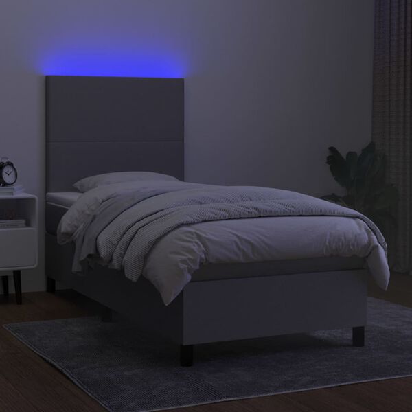 vidaXL Box spring postelja z vzmetnico LED svetlo siva 90x190 cm blago