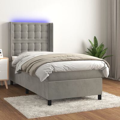 vidaXL Box spring postelja z vzmetnico LED svetlo siva 100x200cm žamet