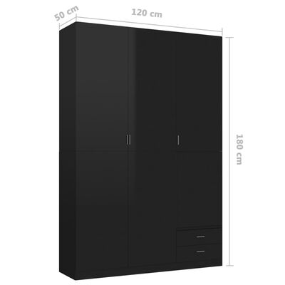 vidaXL Garderobna omara s 3 vrati visok sijaj črna 120x50x180 cm