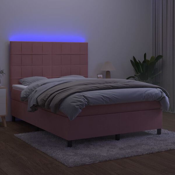 vidaXL Box spring postelja z vzmetnico LED roza 80x200 cm žamet