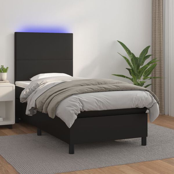 vidaXL Box spring postelja z vzmetnico LED črn 90x190 cm umetno usnje