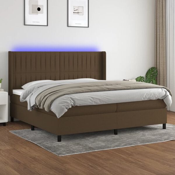 vidaXL Box spring postelja z vzmetnico LED temno rjava 200x200cm blago