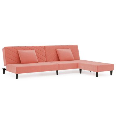 vidaXL Kavč dvosed z ležiščem, blazinama in stolčkom roza žamet