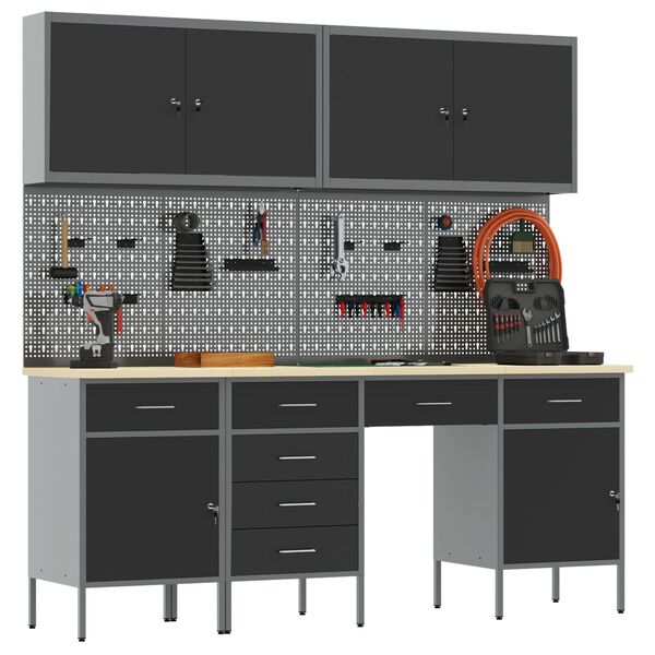 vidaXL Delovna miza s predalom 10 pcs Črna 200 x 55 x 200 cm Jeklo