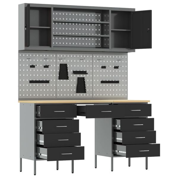 vidaXL Delovna omara s predalom 7 pcs Črna 150 x 55 x 200 cm