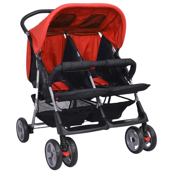 vidaXL Otro&scaron;ki voziček za dvojčke jeklen rdeč in črn